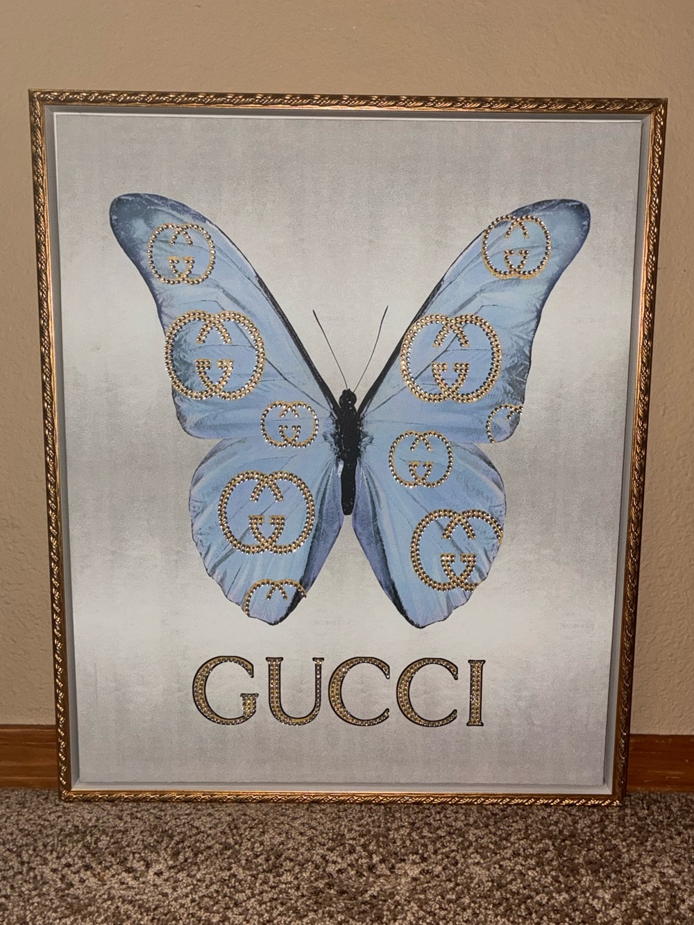 Gucci Bedazzled Gold & Blue Butterfly Wall Art w/ Frame 19.5x23.5 in.